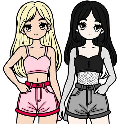 two sisters with crop tops and jean shorts and straight hair