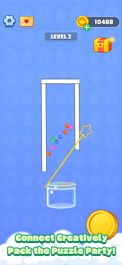 Color Coin Pack - A pin pulling puzzle level in Color Coin Pack showing colorful coins falling into a transparent glass jar