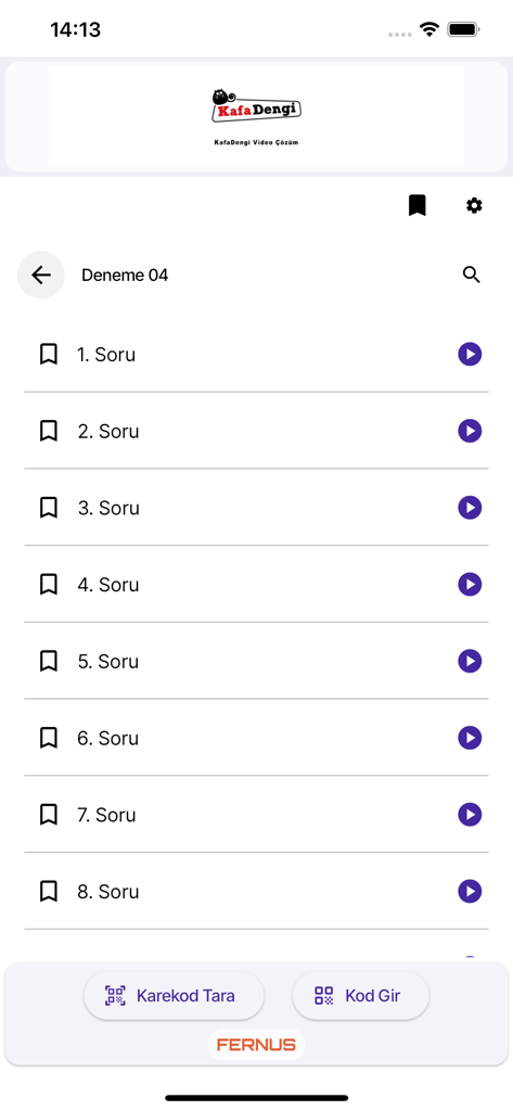 Kafa Dengi app interface showing a list of numbered questions with video play icons and QR code scanning options