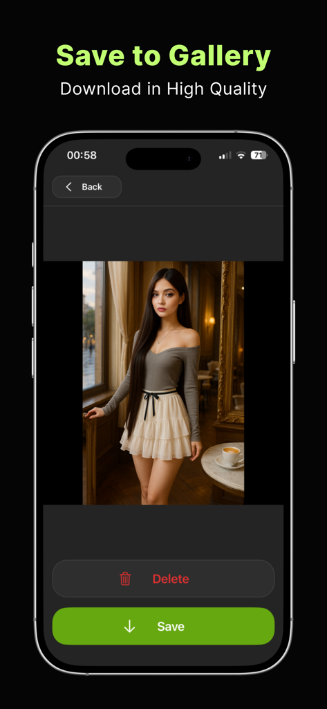FaceSwap - AI Face Swap Video - Interface de l'application FaceSwap montrant une photo d'échange de visages et un bouton vert pour sauvegarder en haute qualité.