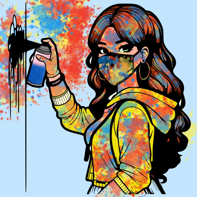 realistic girl with mask spray painting a wall