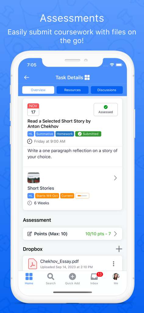 ManageBac mobile app interface displaying student task details assessment scores and coursework submission status