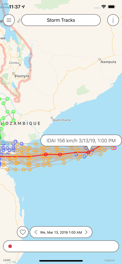 Storm track forecast for Hurricane Idai showing wind speeds and predicted trajectory on a map of Mozambique