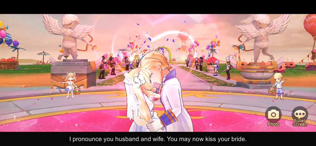 Guardians of Cloudia - Una escena de ceremonia de boda de estilo anime en Guardians of Cloudia con dos personajes besándose.