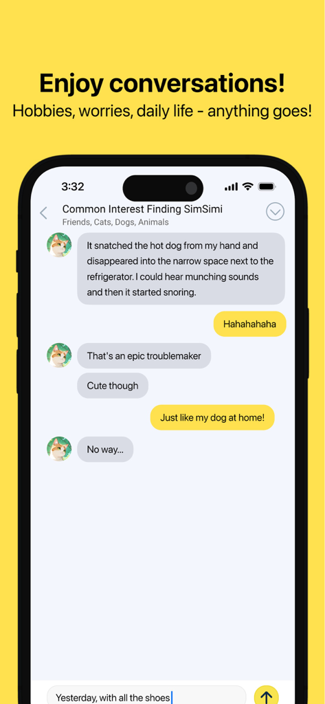 Interface do aplicativo SimSimi mostrando uma conversa de chat sobre animais de estimação em um iPhone
