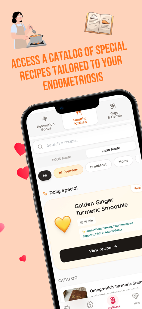 EndoCare : Endo/Period Tracker - EndoCare app interface showing a catalog of anti-inflammatory recipes tailored for endometriosis management