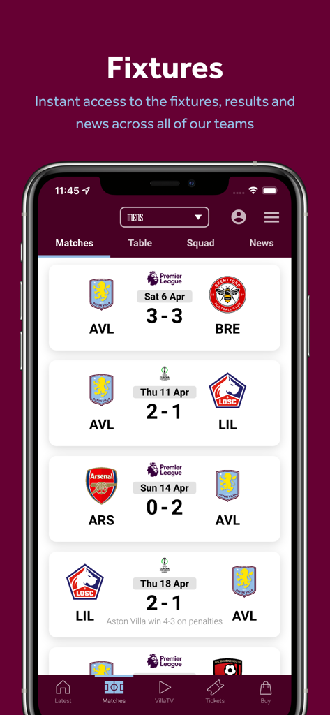 Aston Villa FC - 팀 로고와 점수가 포함된 애스턴 빌라 경기 일정 및 결과를 보여주는 모바일 앱 화면