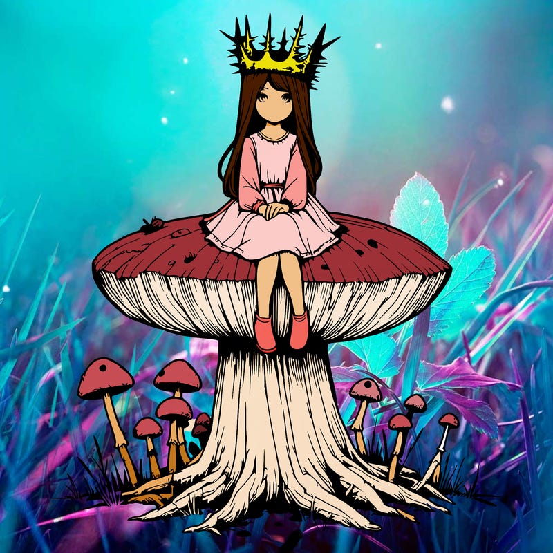 realistic girl sitting on a huge tree stump size toadstool with thorn crown