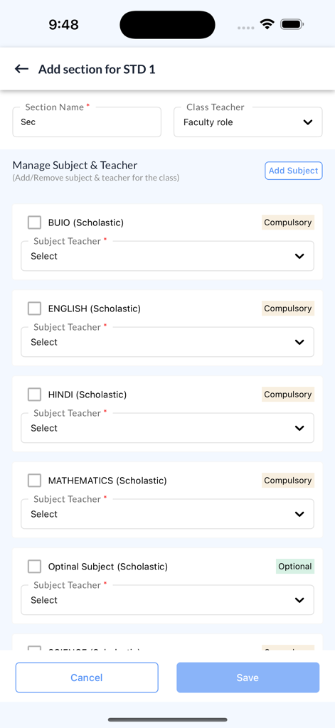 Proctur-Class Management App - Proctur app screen for adding a class section and assigning teachers to subjects