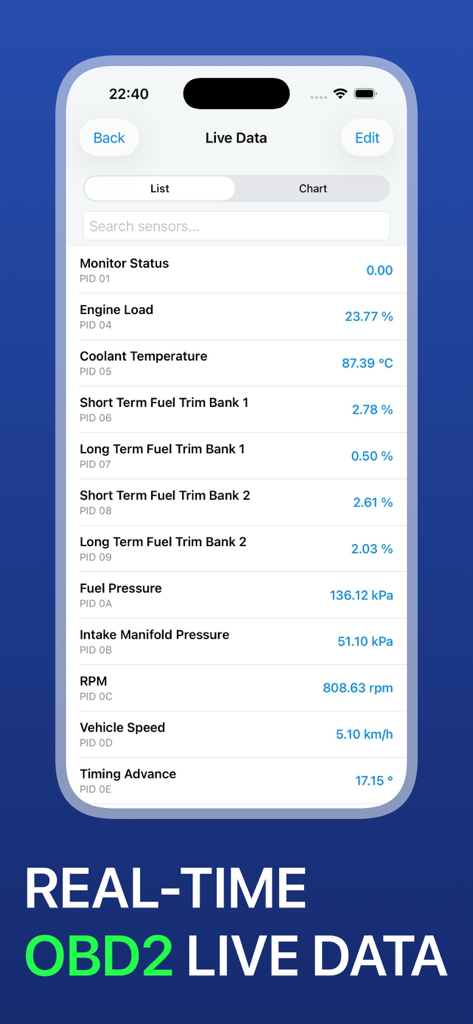 Interfaz de la aplicación Car Scanner mostrando datos OBD2 en vivo en tiempo real para sensores del vehículo, incluyendo RPM y carga del motor.