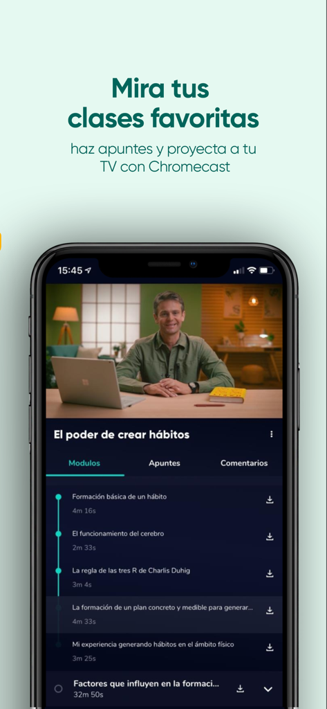 Aplicación móvil Crehana Learn que muestra una lección en video sobre cómo crear hábitos con una lista estructurada de módulos.