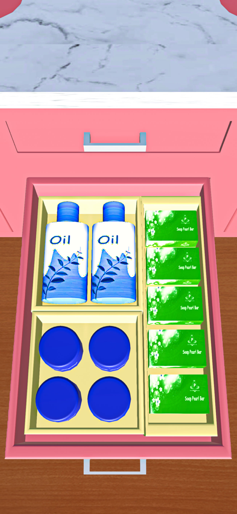 Restock & Refill Master! - A neatly organized pink bathroom drawer filled with soap bars and oil bottles in a restock simulation game