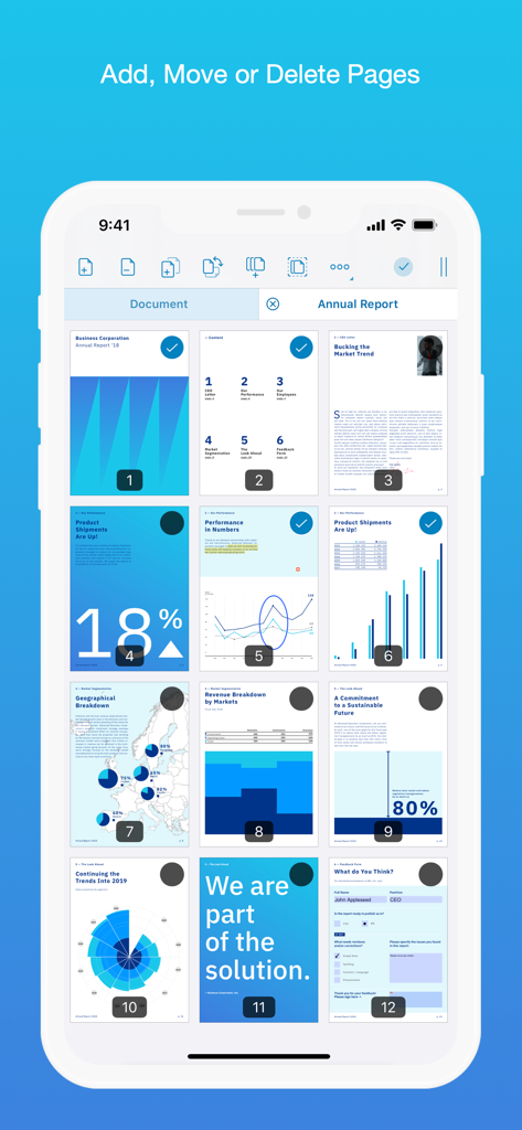 PDF Viewer by Nutrient - A mobile interface showing a grid of PDF pages with options to add move or delete them