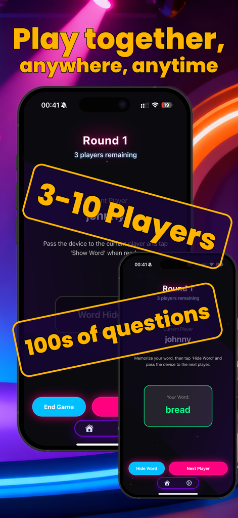 Interface mobile du jeu de mots en fête Imposter who pour trois à dix joueurs.