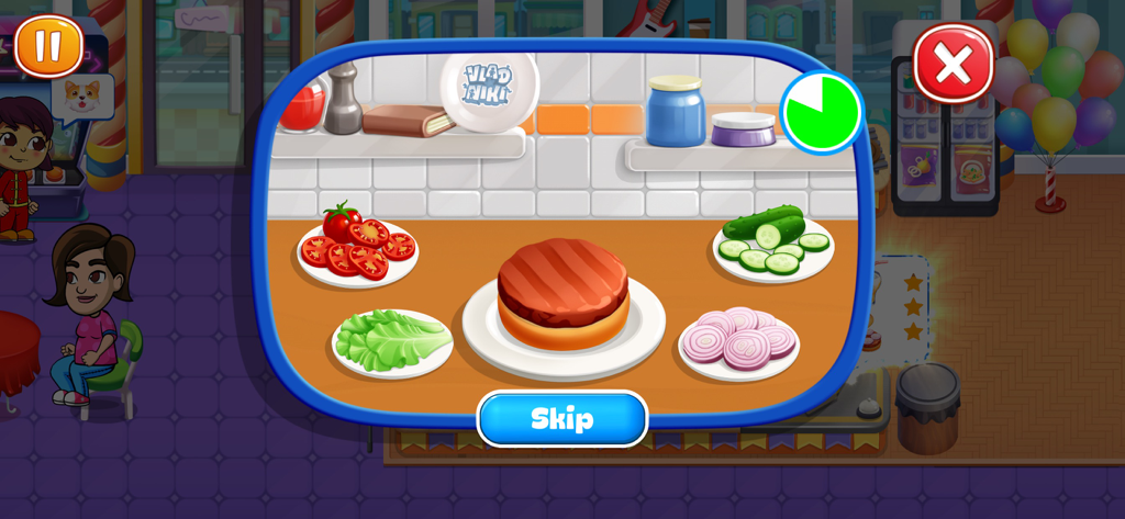 Burger assembly screen in Vlad and Niki Cafe Game with sliced tomatoes lettuce cucumbers and onions