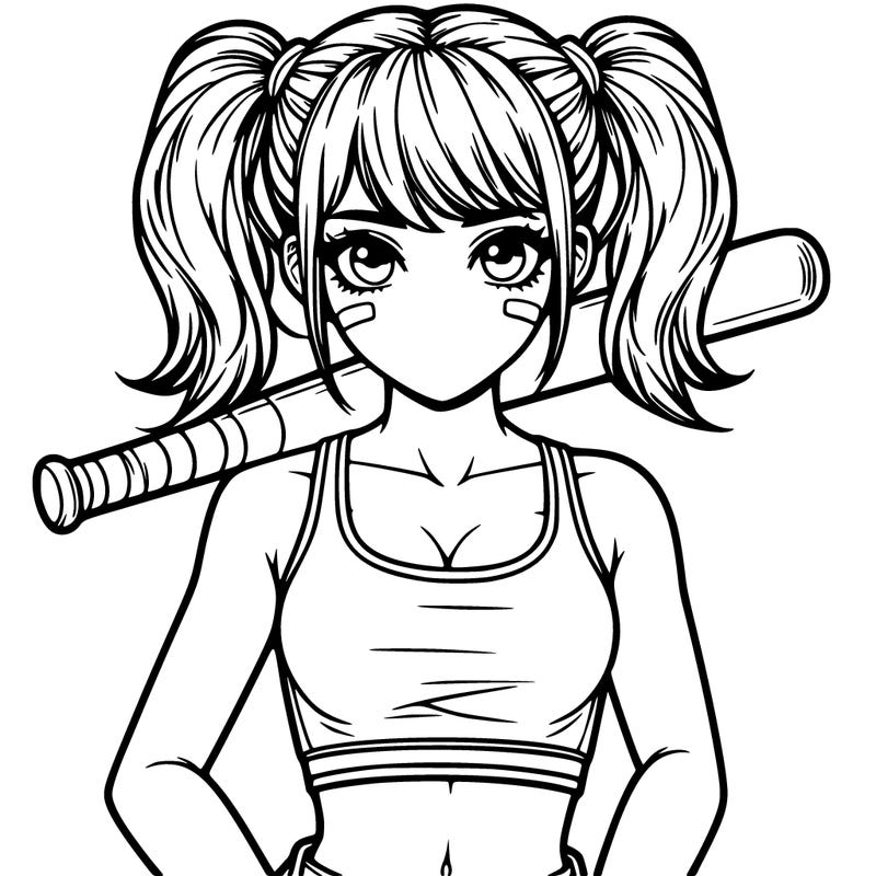 a realistic girl with two pony tails she has a crop top and a baseball bat or her shoulders