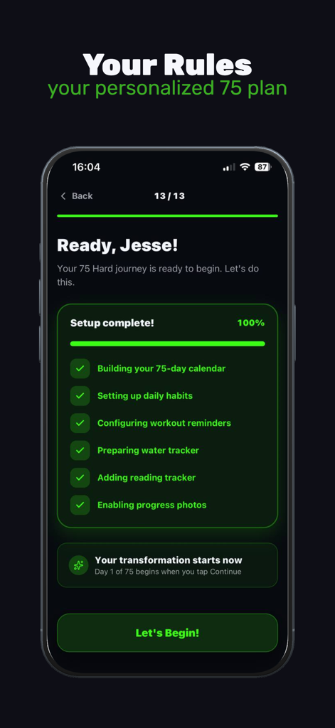 Pantalla de finalización de configuración personalizada para la aplicación Desafío de 75 Días que muestra una lista de verificación de tareas diarias y seguimiento de hábitos