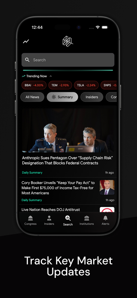 Quiver Quantitative - Tela do aplicativo Quiver Quantitative mostrando notícias do mercado e ações em alta