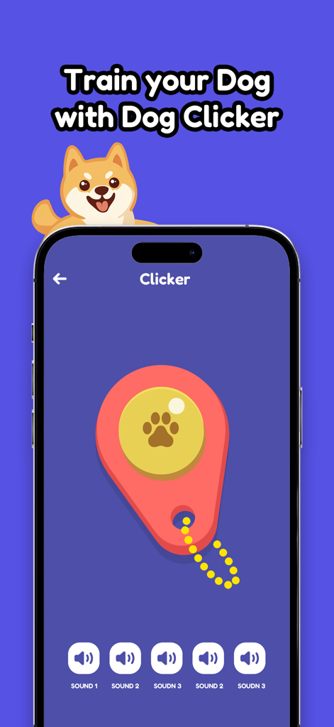 Dog Whistle & Clicker App - Una pantalla de smartphone que muestra una herramienta de clicker virtual para perros utilizada para entrenar mascotas.