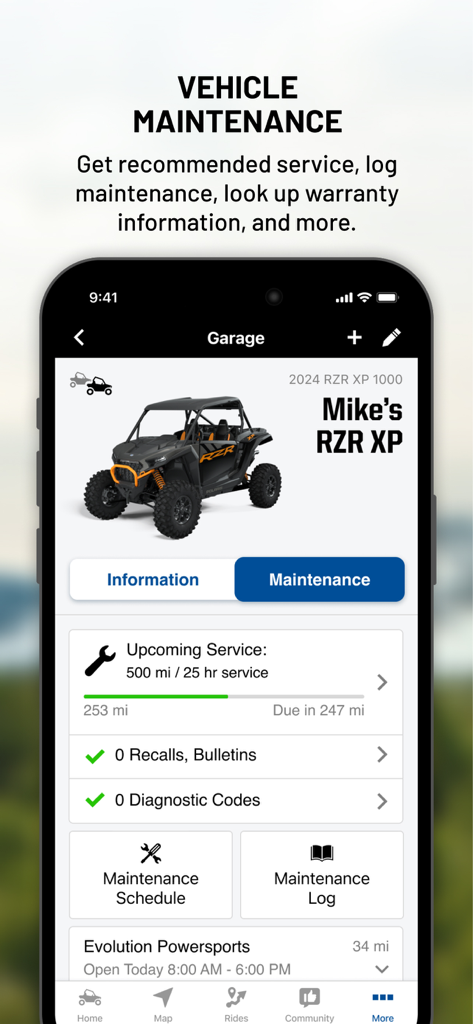 Polaris App Fahrzeugwartungsbildschirm mit Wartungserinnerungen und Protokollen für ein RZR-Offroad-Fahrzeug