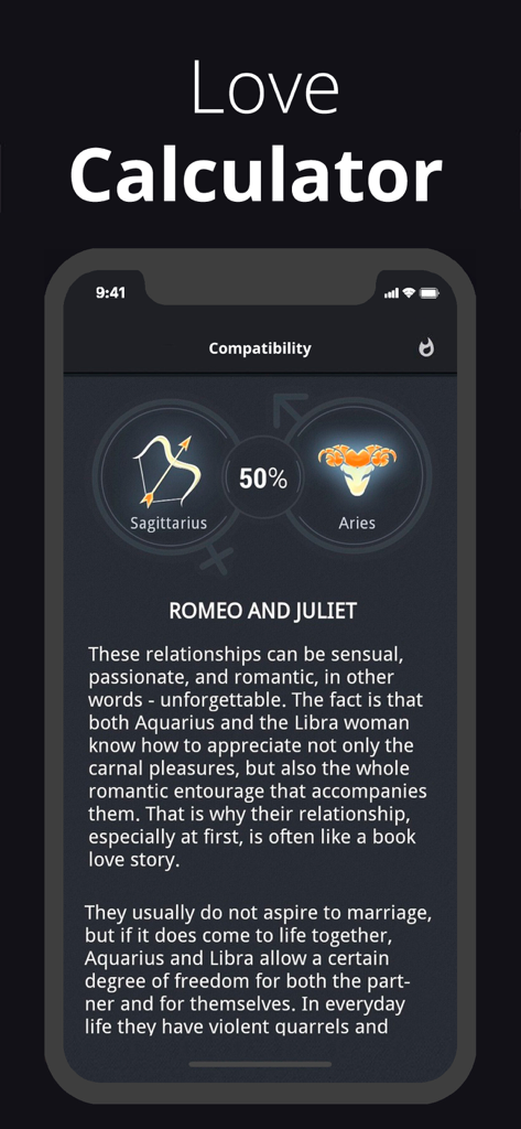 Love calculator showing 50 percent compatibility between Sagittarius and Aries zodiac signs