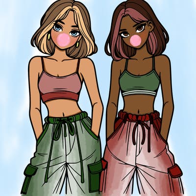 two girls with crop top with baggy pants