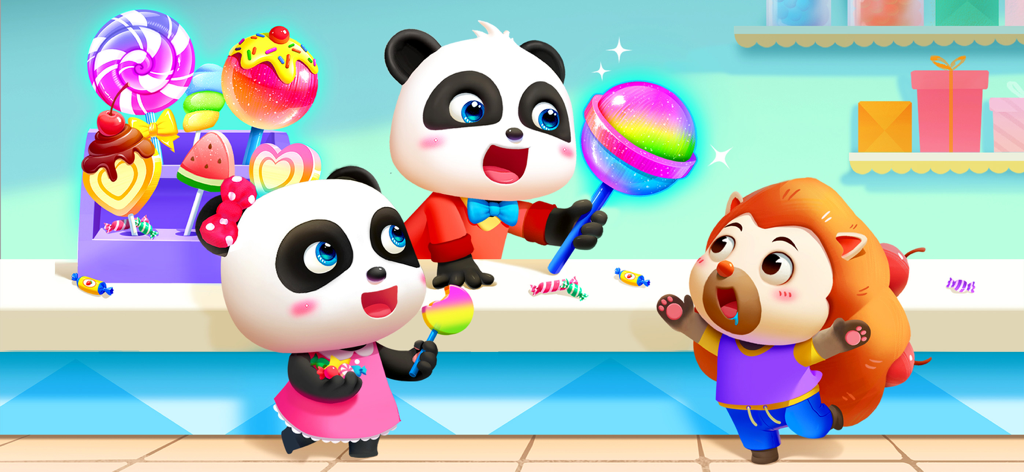 Panda dei cartoni animati e un amico che si godono lecca-lecca colorati in un negozio di caramelle