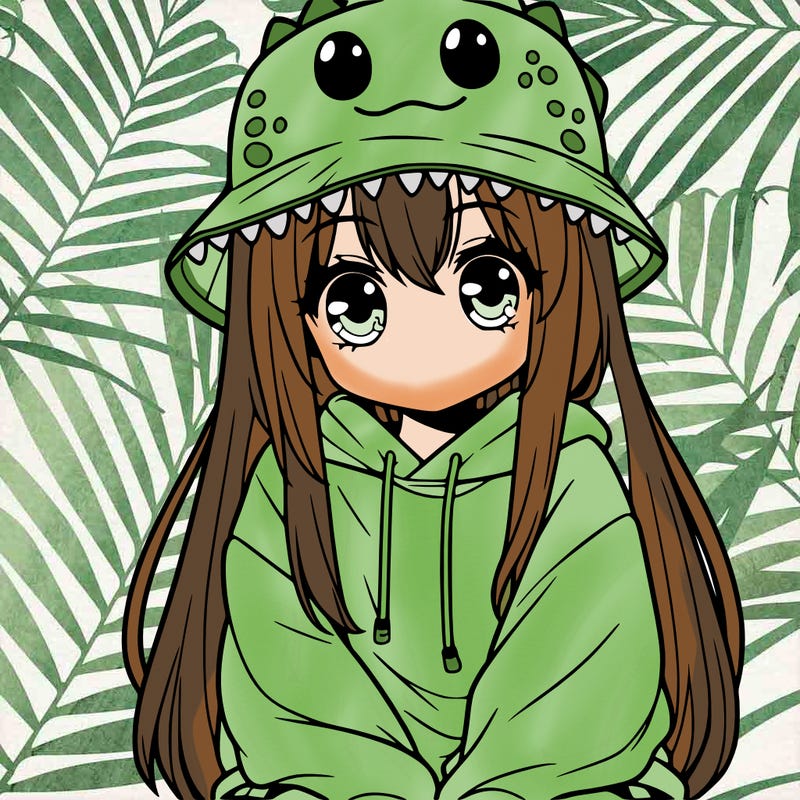 girl with anime shaped eyes with a dinosaur bucket hat oversized sweatshirt long straight hair