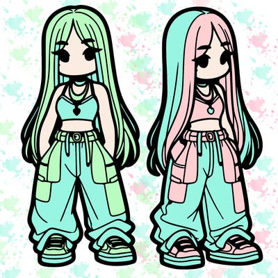 girl in baggy pants crop top and long hair