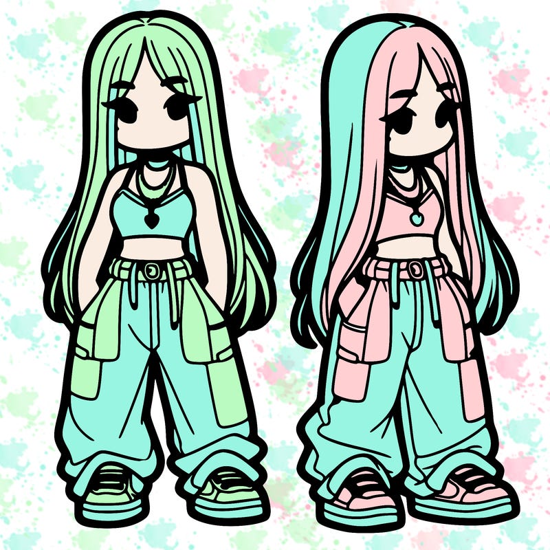 girl in baggy pants crop top and long hair