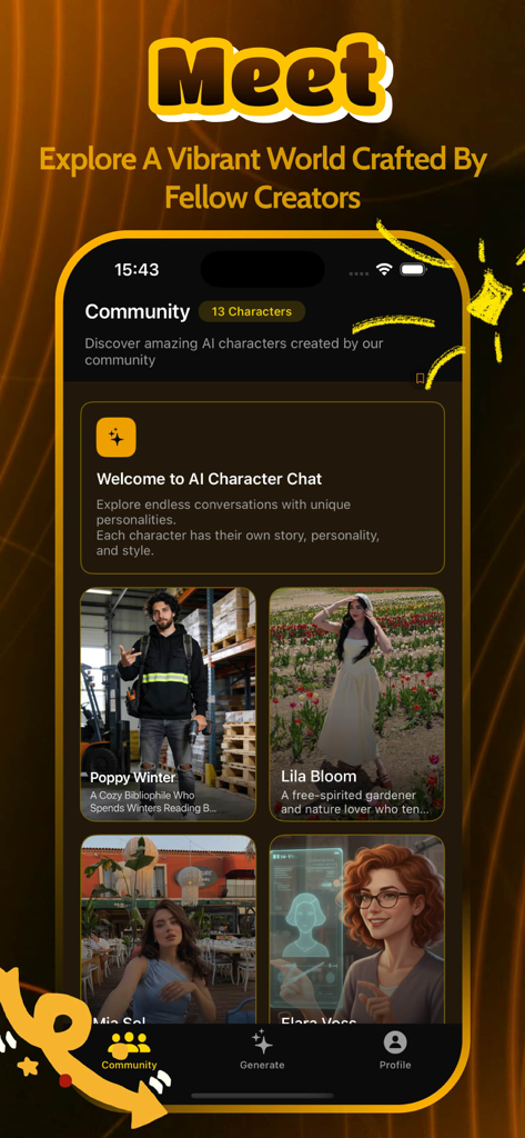 Fitio - Chat, Message - Community discovery screen of the Fitio app showing different AI characters with unique personalities and photos.
