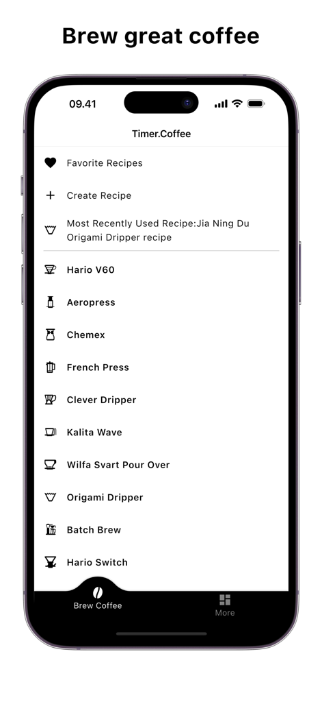 Timer.Coffee - Una interfaz de aplicación móvil que enumera varios métodos de preparación de café de especialidad como Hario V60 y AeroPress