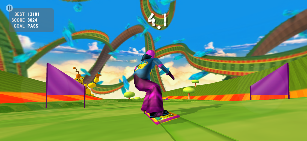 Crazy Snowboard - Arcade gameplay of Crazy Snowboard showing a rider on a colorful green mountain track with loop de loops