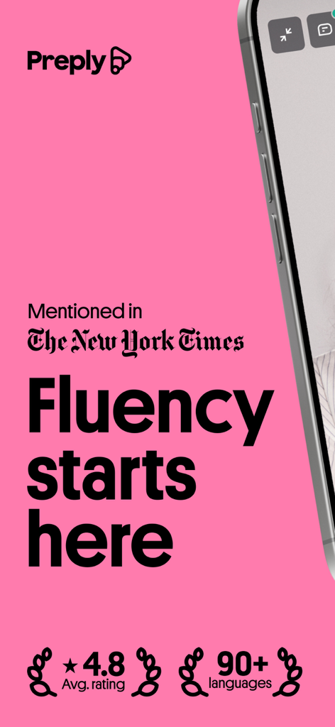 Schermata promozionale dell'app Preply con lo slogan La fluidità inizia qui e una valutazione media di 4,8.