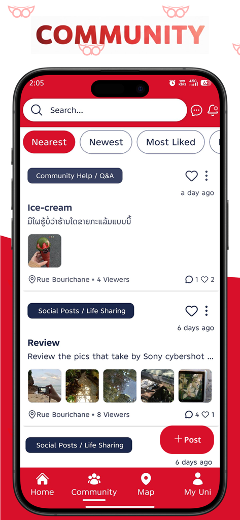 UNI MarketHub - UNI MarketHub app community screen displaying social posts, user reviews, and Q&A sections.