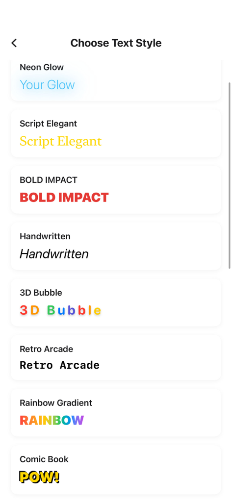 AR Drawing: Trace to Sketch - Una interfaz de menú que muestra varias opciones de estilo de texto para trazar, incluidas fuentes de neón y negrita.