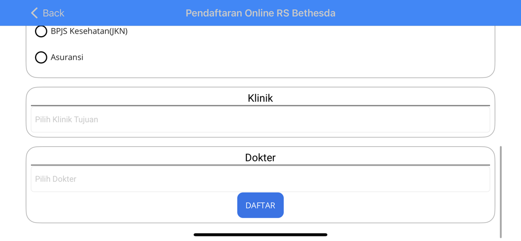 RS Bethesda mobile app online registration screen for clinic and doctor appointments