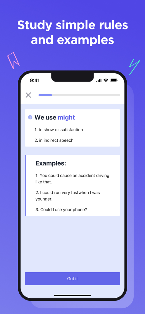 Pantalla que muestra reglas y ejemplos de verbos modales en inglés
