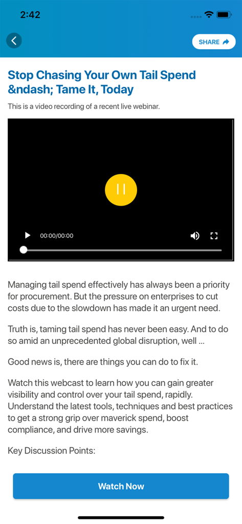 GEP GO - Interfaz de la aplicación GEP GO que muestra la grabación de un seminario web sobre gestión de gastos indirectos para profesionales de adquisiciones.