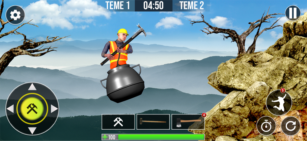 Pot Man Mountain Climbing Game - A man sitting in a pot using a hammer to climb a rocky mountain peak.