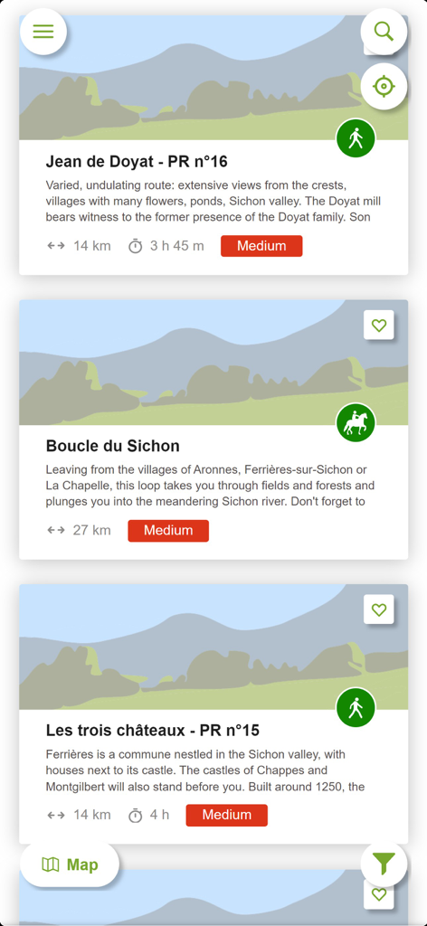 Randos & VTT Vichy Montagne - Interface montrant divers itinéraires de randonnée et d'équitation avec des niveaux de difficulté dans l'application Vichy Montagne