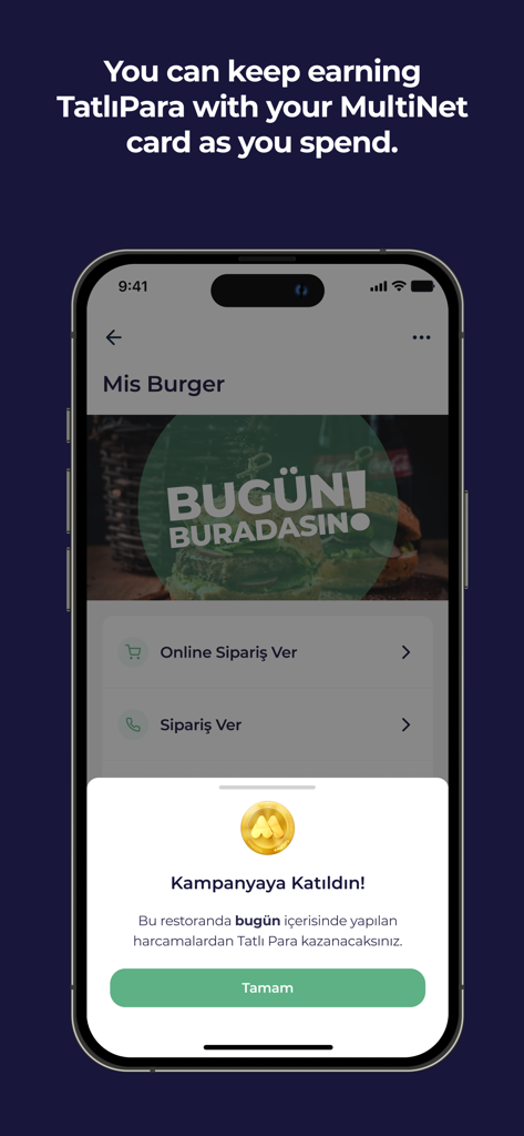 Smartphone showing the MultiPay app interface with a campaign join confirmation for earning rewards at a restaurant