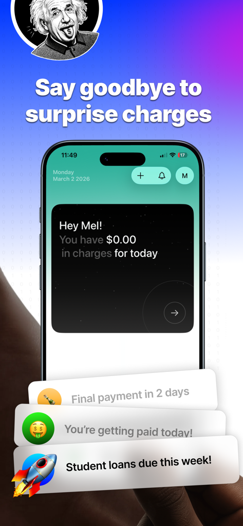 Subbie - Money Calendar - Smartphone screen displaying the Subbie app with notifications for upcoming bills, student loans, and paydays to avoid surprise charges.