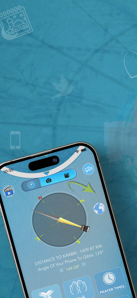 Qibla Finder, Qibla Compass AR - Smartphone screen showing a Qibla compass app with distance to Kaaba and navigation icons