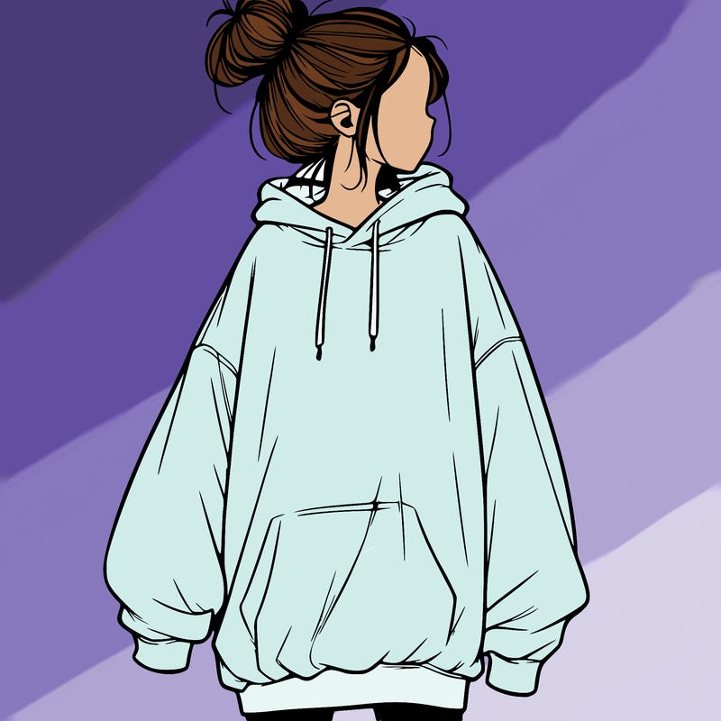 realistic girl with a oversized sweatshirt on and a bun