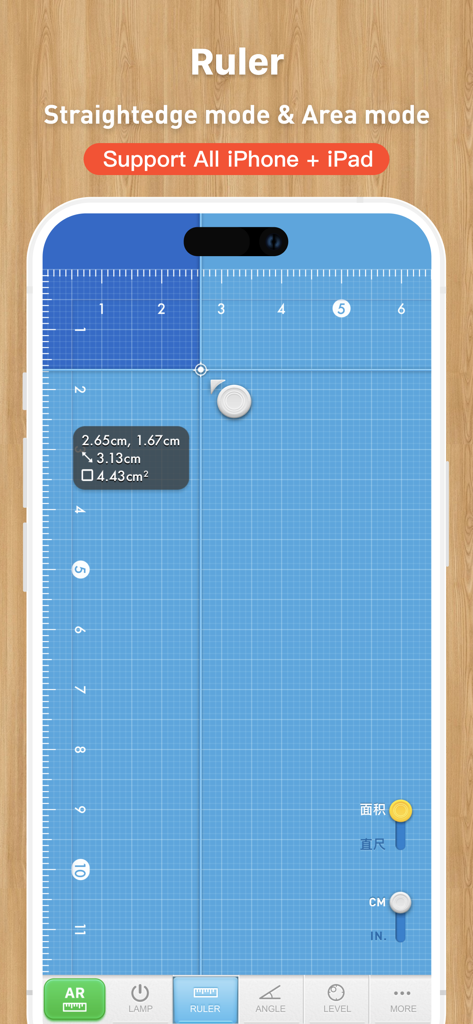 Interface de l'application MyTools affichant la règle en mode de calcul de surface sur un fond de grille bleue.