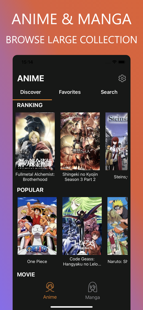 Anime TV ◆ Manga Reader - Tela de descoberta do aplicativo Anime TV e Manga Reader mostrando rankings de anime populares como Fullmetal Alchemist e One Piece