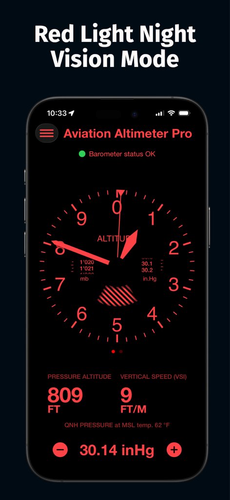 Aviation Altimeter Pro - Aviation Altimeter Pro interface in red night vision mode showing altitude and vertical speed dials on an iPhone screen.
