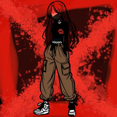 girl in baggy pants crop top and long hair