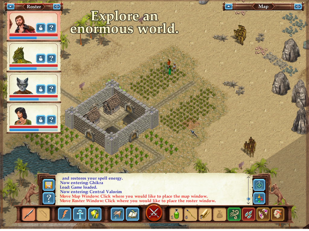 Isometric overworld gameplay in Avernum 3 showing a fort and party roster